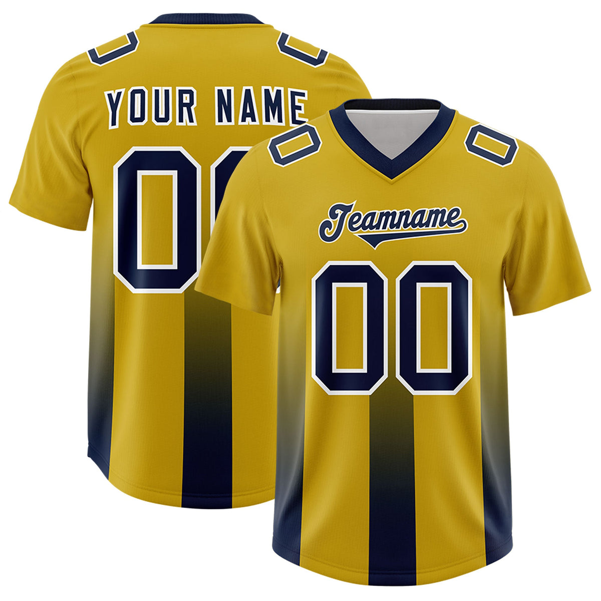 Custom Old Gold Navy Vertical Width Stripe Gradient Fashion Personalized Team American Football Jersey