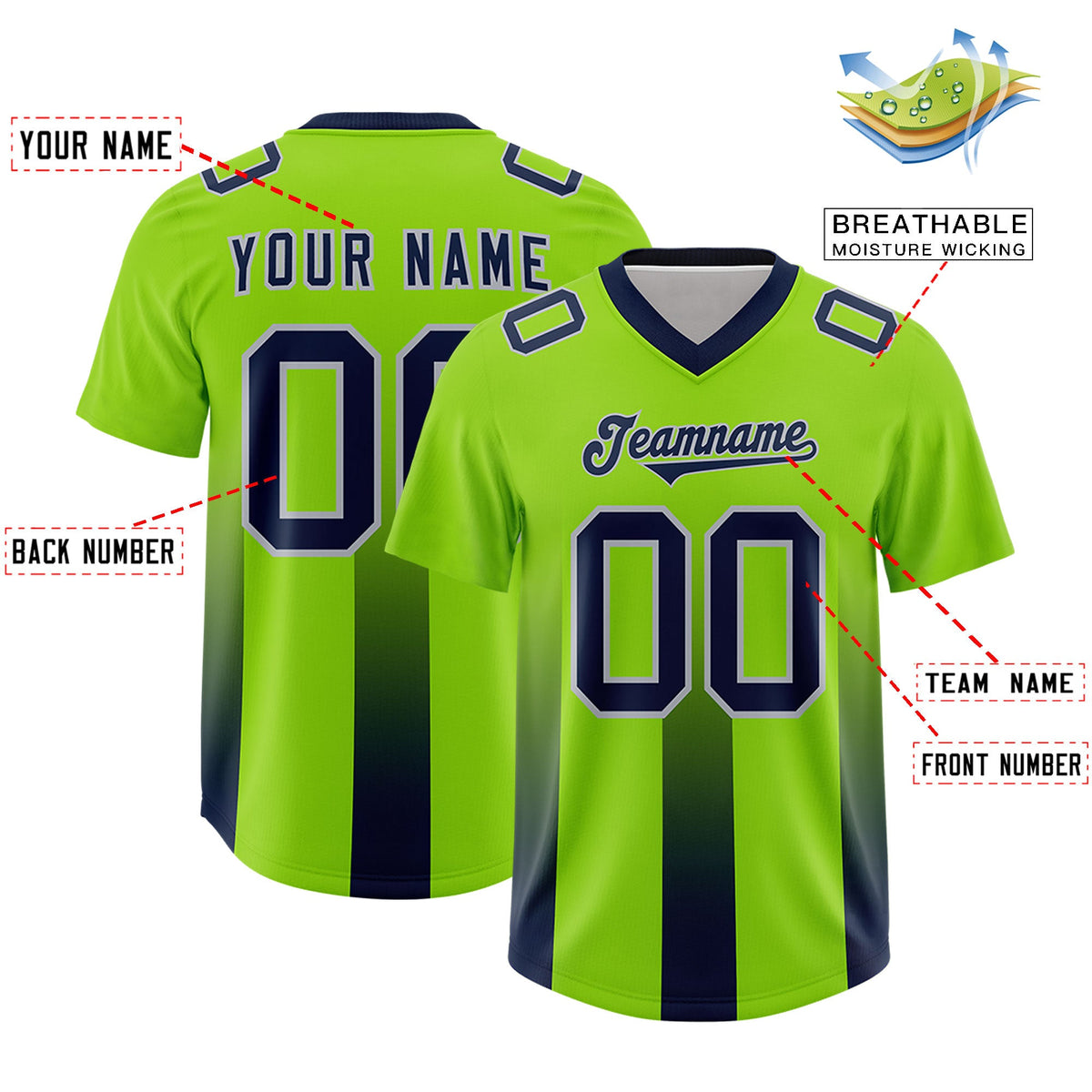 Custom Neon Green Navy Vertical Width Stripe Gradient Fashion Personalized Team American Football Jersey