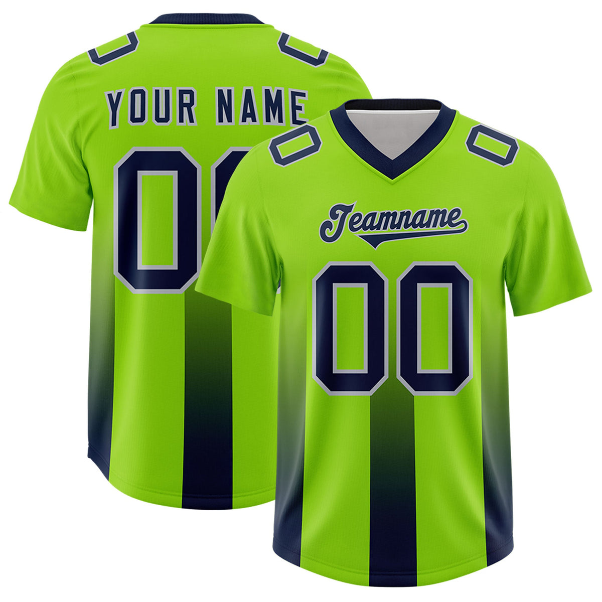 Custom Neon Green Navy Vertical Width Stripe Gradient Fashion Personalized Team American Football Jersey