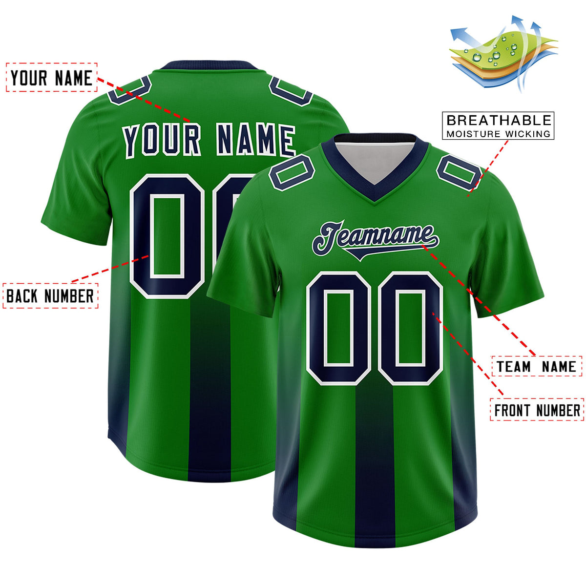 Custom Kelly Green Navy Vertical Width Stripe Gradient Fashion Personalized Team American Football Jersey