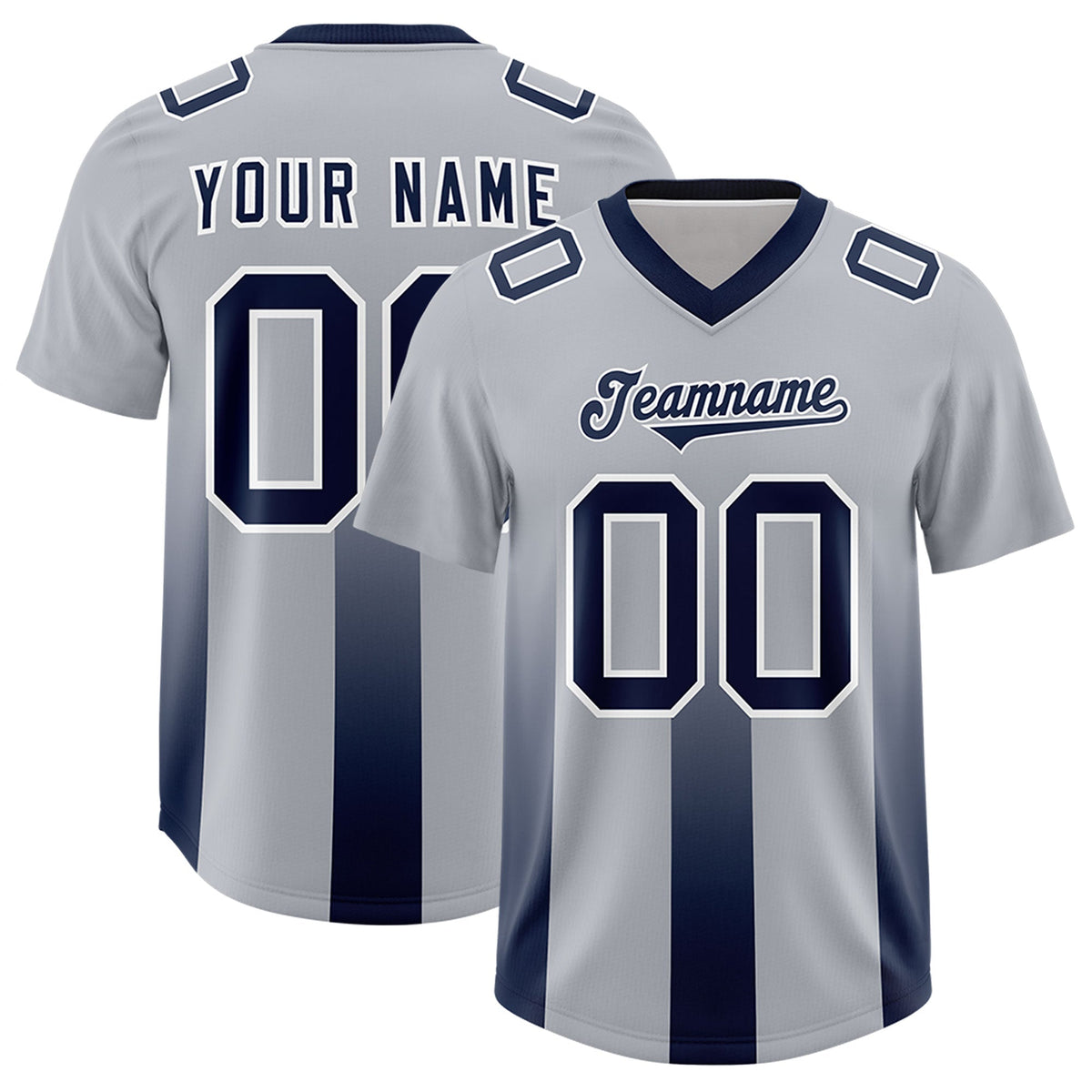 Custom Gray Navy Vertical Width Stripe Gradient Fashion Personalized Team American Football Jersey