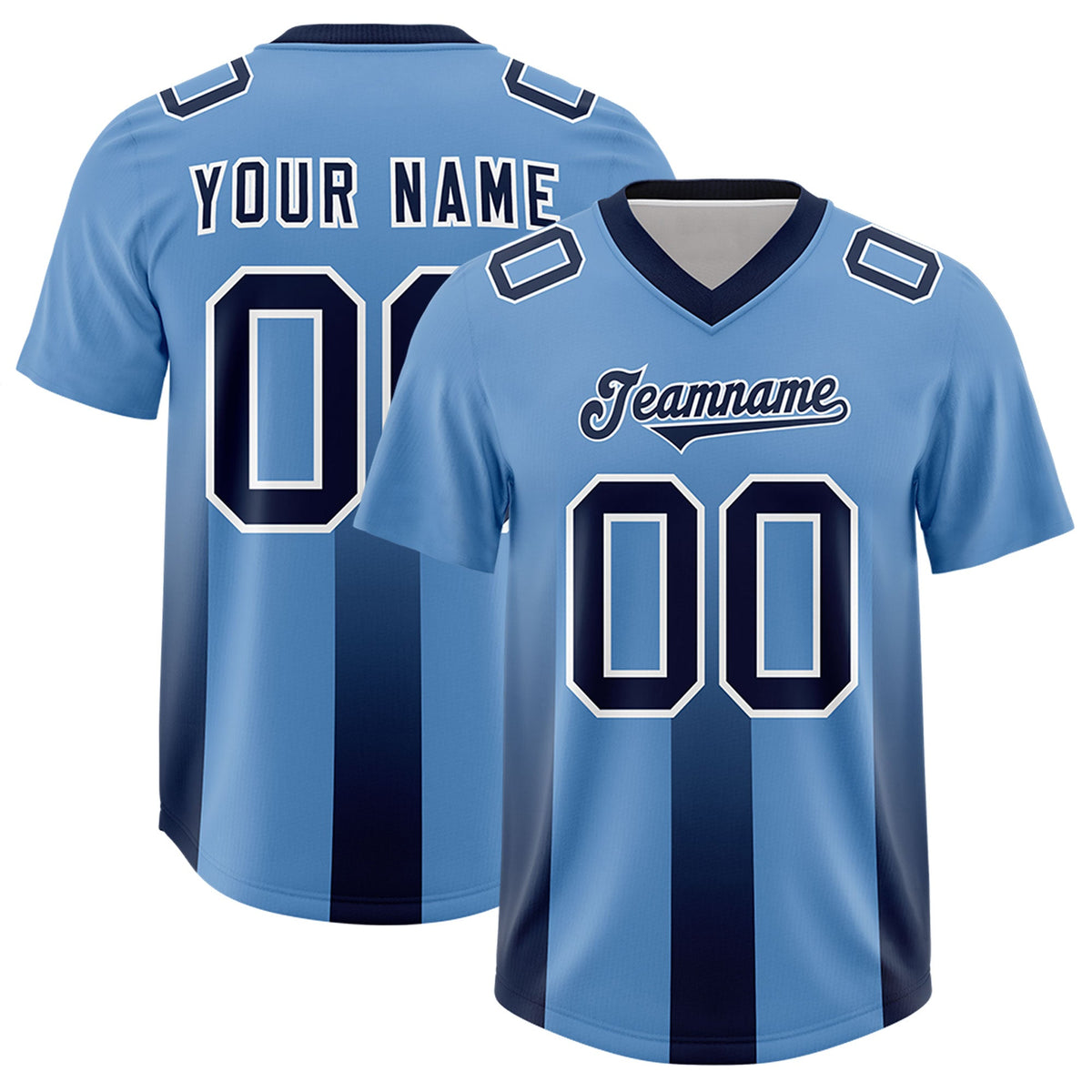 Custom Powder Blue Navy Vertical Width Stripe Gradient Fashion Personalized Team American Football Jersey