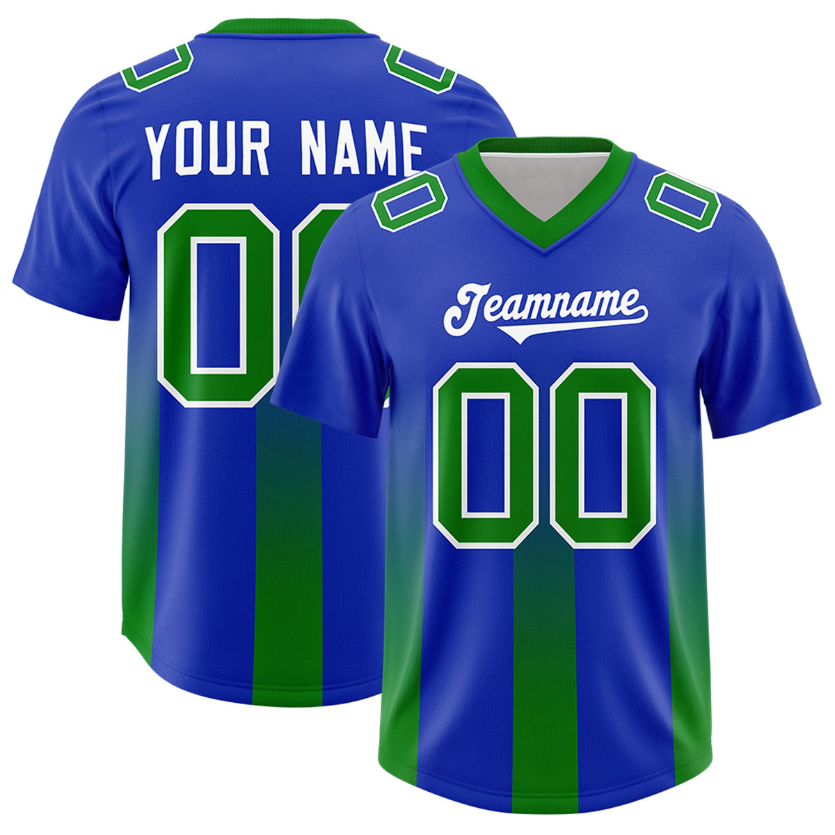 Custom Royal Kelly Green Vertical Width Stripe Gradient Fashion Personalized Team American Football Jersey