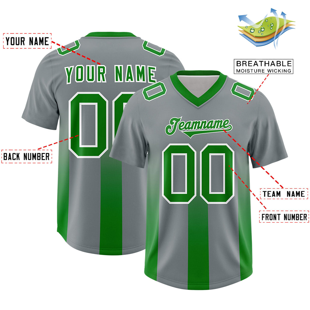 Custom Dark Gray Kelly Green Vertical Width Stripe Gradient Fashion Personalized Team American Football Jersey