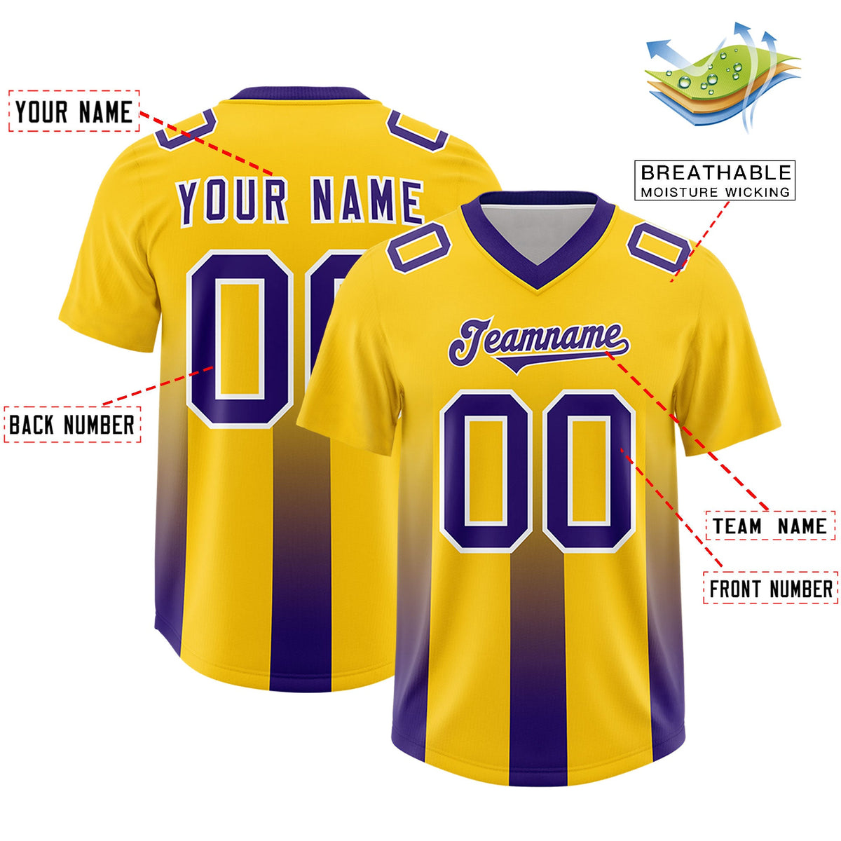 Custom Yellow Purple Vertical Width Stripe Gradient Fashion Personalized Team American Football Jersey