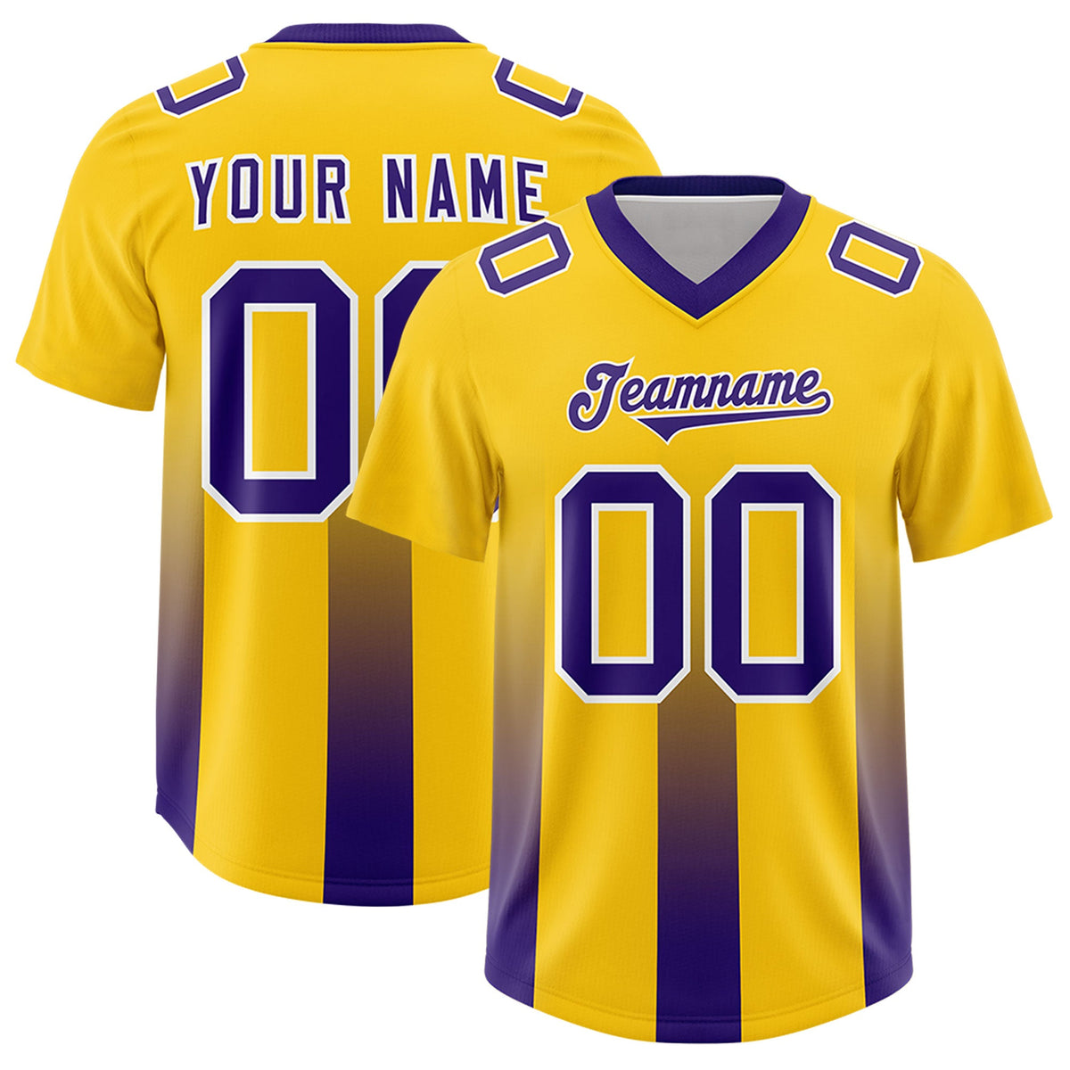 Custom Yellow Purple Vertical Width Stripe Gradient Fashion Personalized Team American Football Jersey