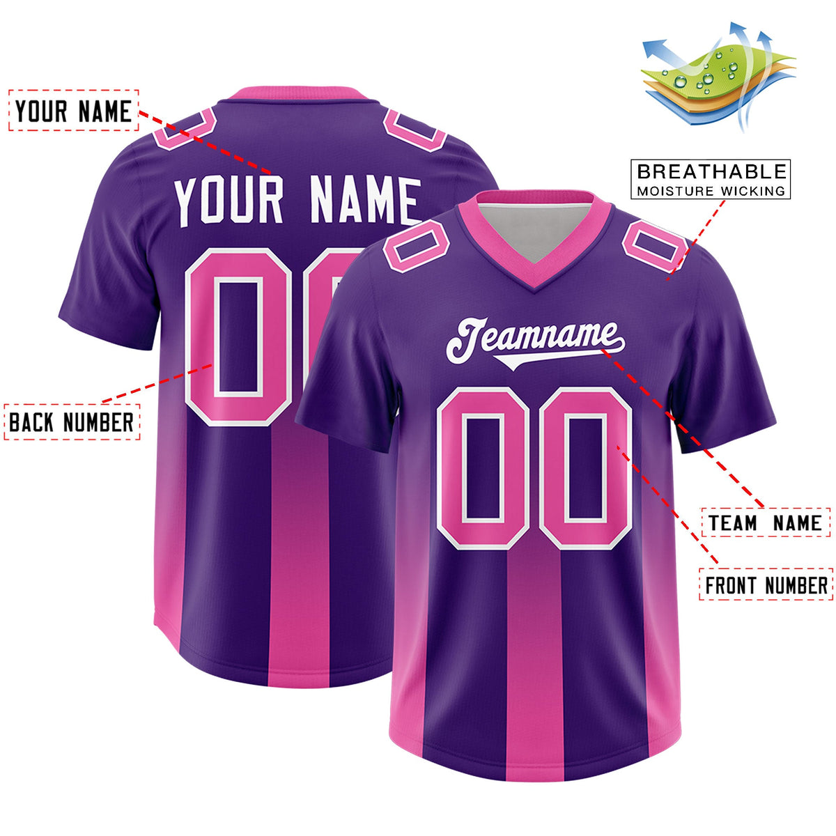 Custom Purple Pink Vertical Width Stripe Gradient Fashion Personalized Team American Football Jersey