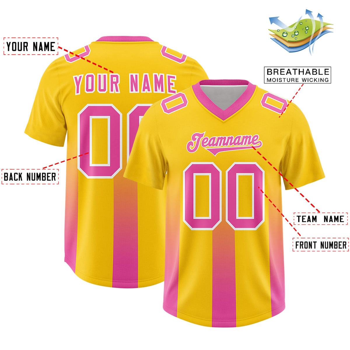 Custom Yellow Pink Vertical Width Stripe Gradient Fashion Personalized Team American Football Jersey
