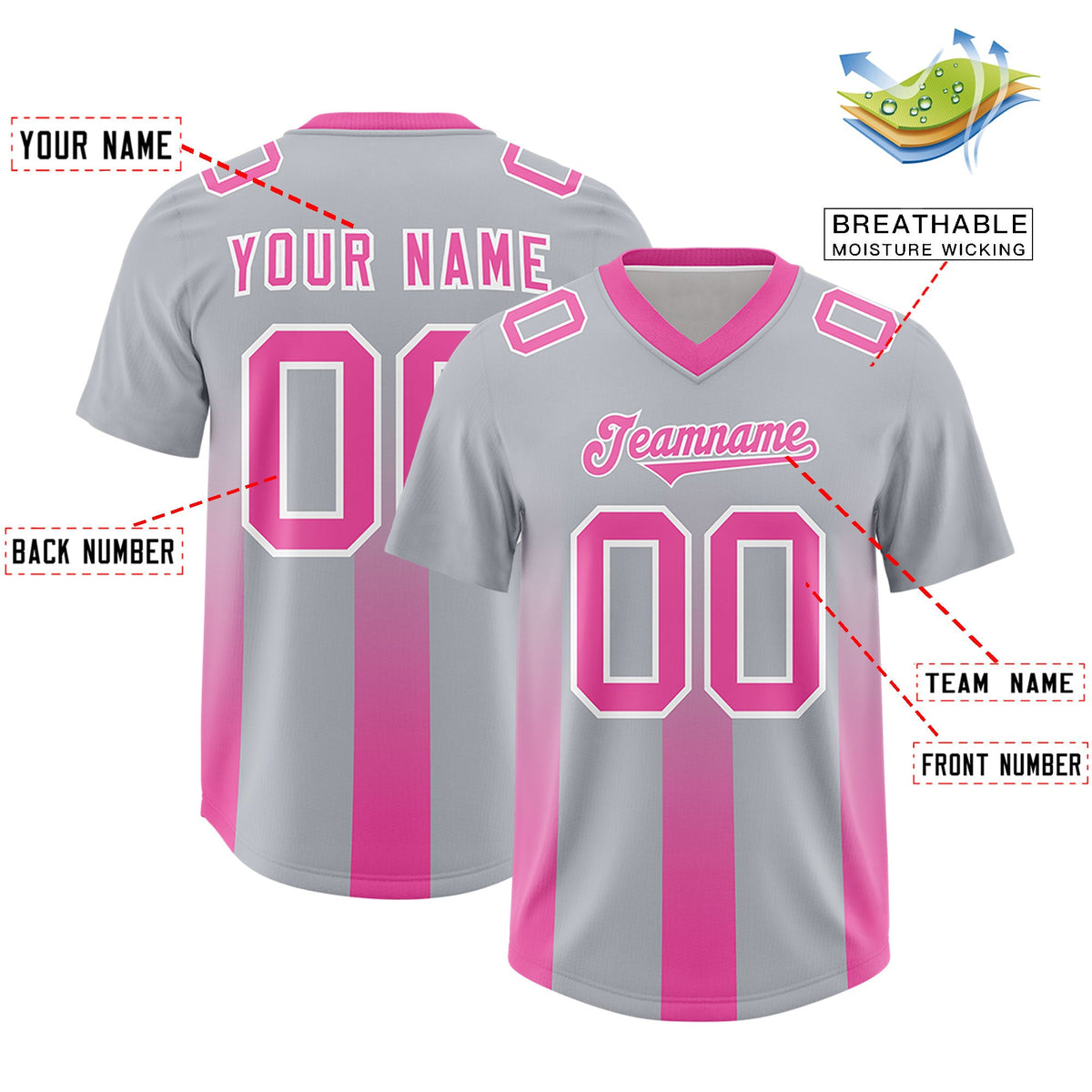 Custom Gray Pink Vertical Width Stripe Gradient Fashion Personalized Team American Football Jersey