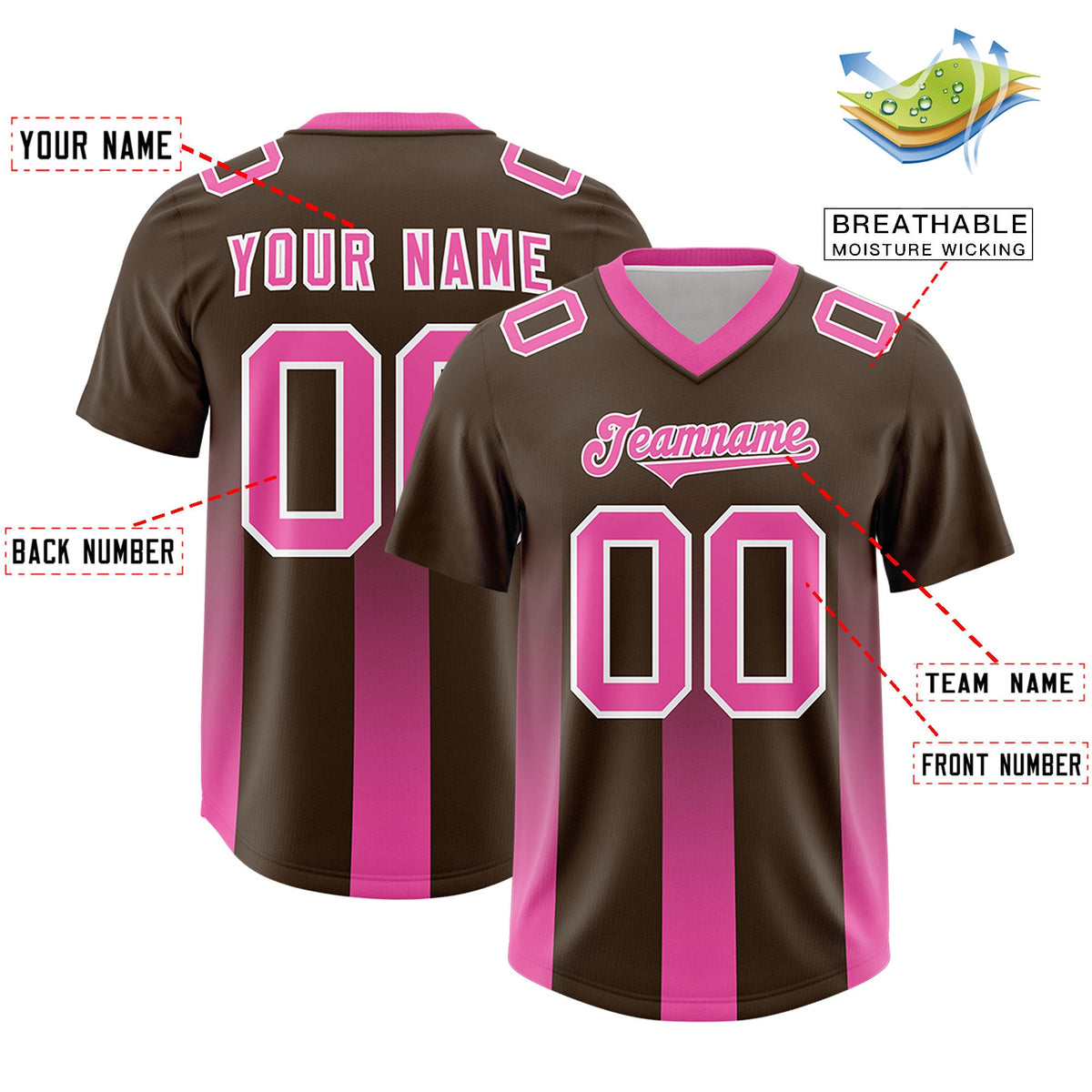 Custom Brown Pink Vertical Width Stripe Gradient Fashion Personalized Team American Football Jersey