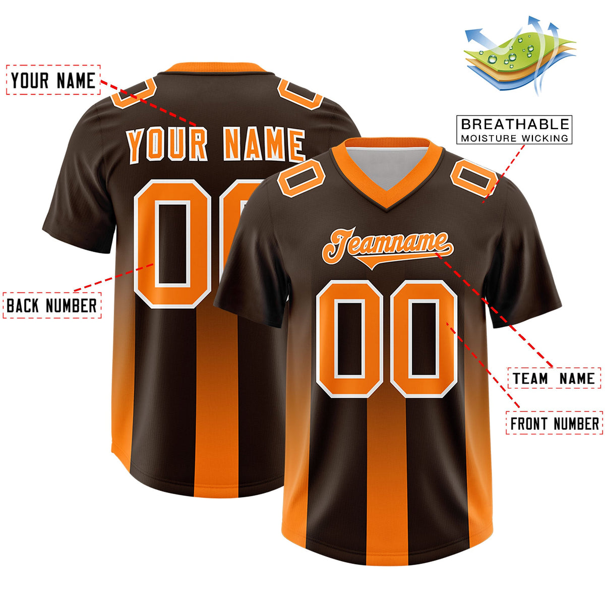 Custom Brown Orange Vertical Width Stripe Gradient Fashion Personalized Team American Football Jersey