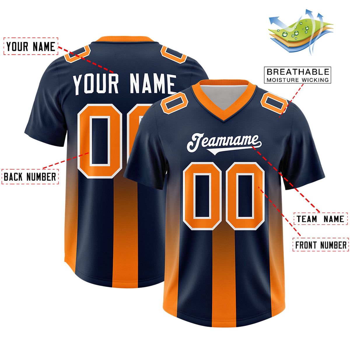 Custom Navy Orange Vertical Width Stripe Gradient Fashion Personalized Team American Football Jersey