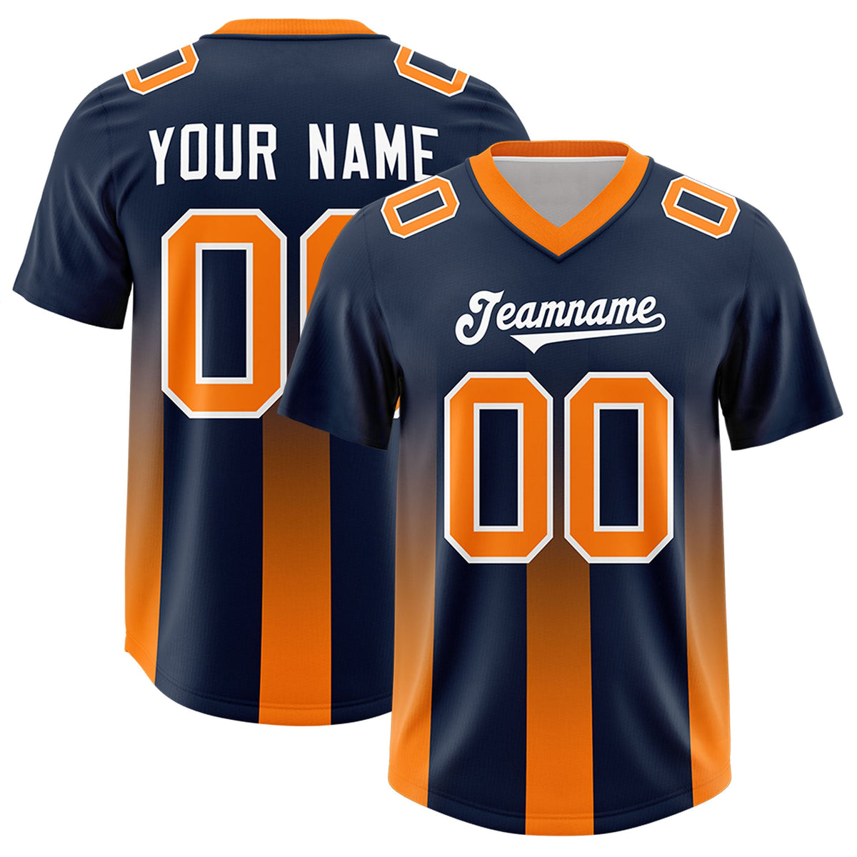 Custom Navy Orange Vertical Width Stripe Gradient Fashion Personalized Team American Football Jersey