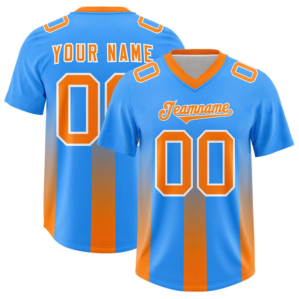 Custom Light Blue Orange Vertical Width Stripe Gradient Fashion Personalized Team American Football Jersey
