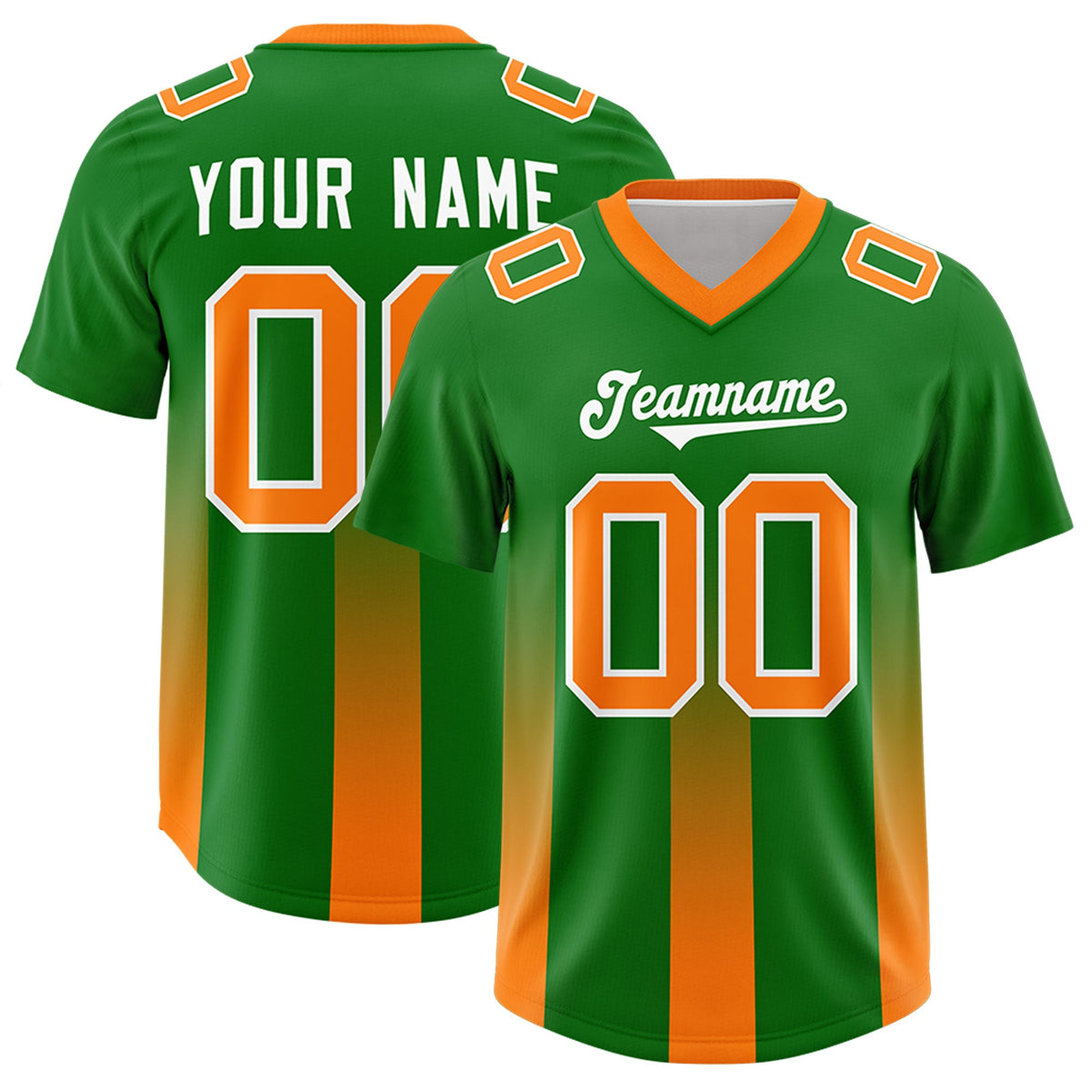 Custom Kelly Green Orange Vertical Width Stripe Gradient Fashion Personalized Team American Football Jersey