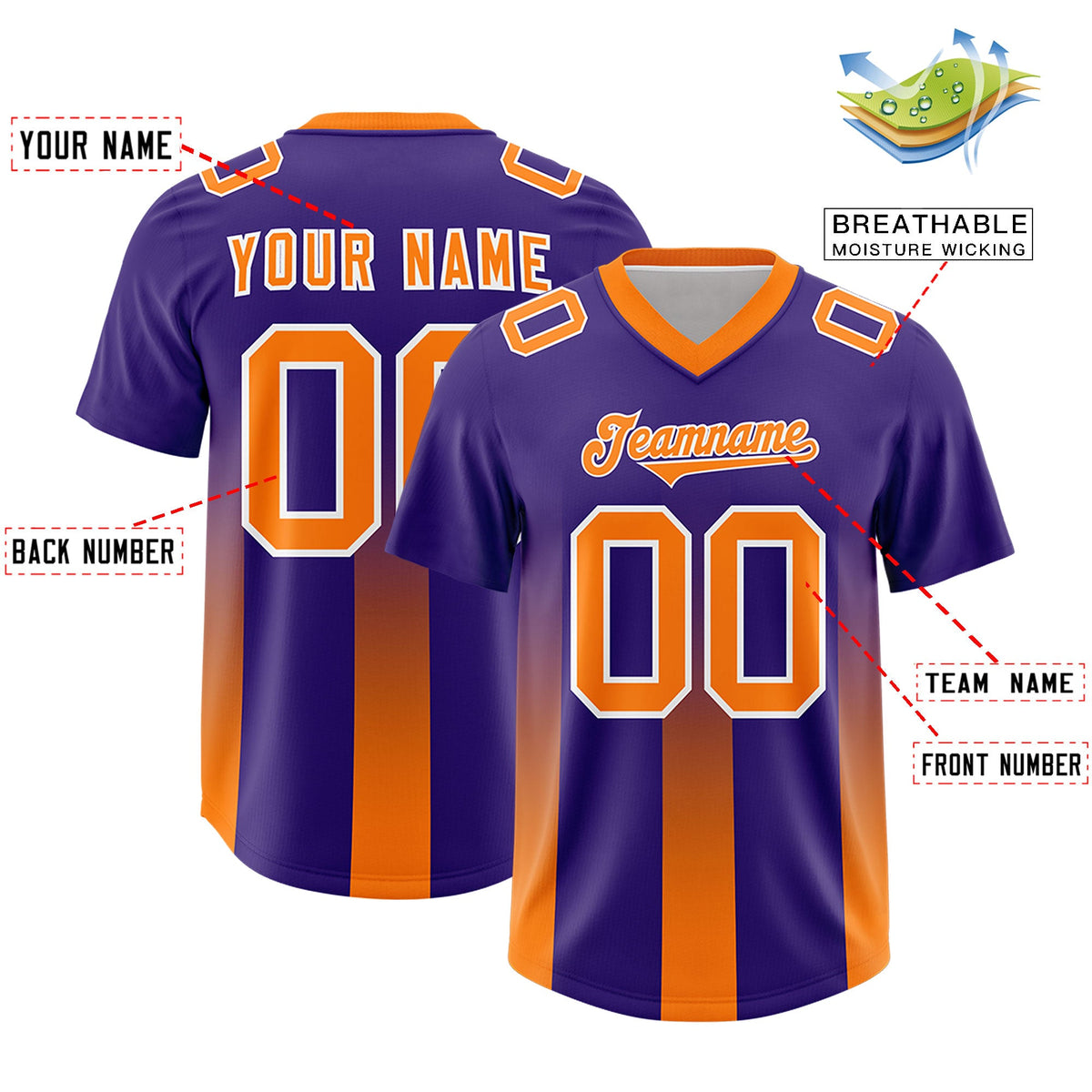 Custom Purple Orange Vertical Width Stripe Gradient Fashion Personalized Team American Football Jersey