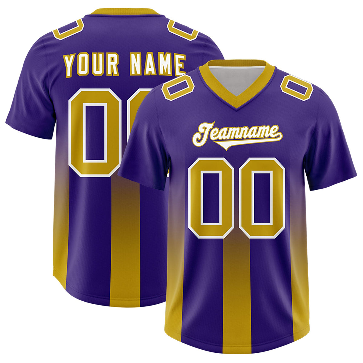 Custom Purple Old Gold Vertical Width Stripe Gradient Fashion Personalized Team American Football Jersey