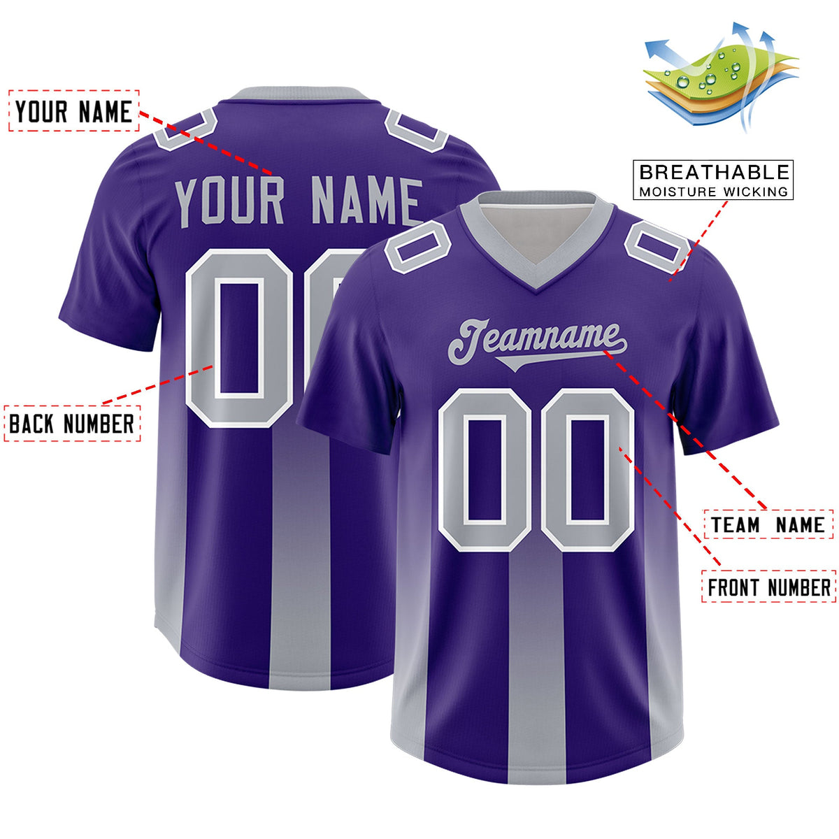 Custom Purple Gray Vertical Width Stripe Gradient Fashion Personalized Team American Football Jersey