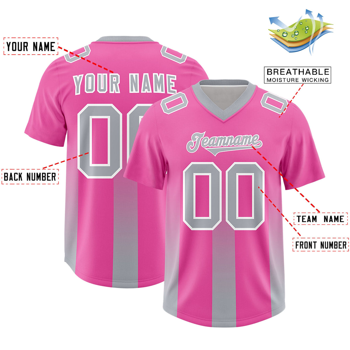 Custom Pink Gray Vertical Width Stripe Gradient Fashion Personalized Team American Football Jersey