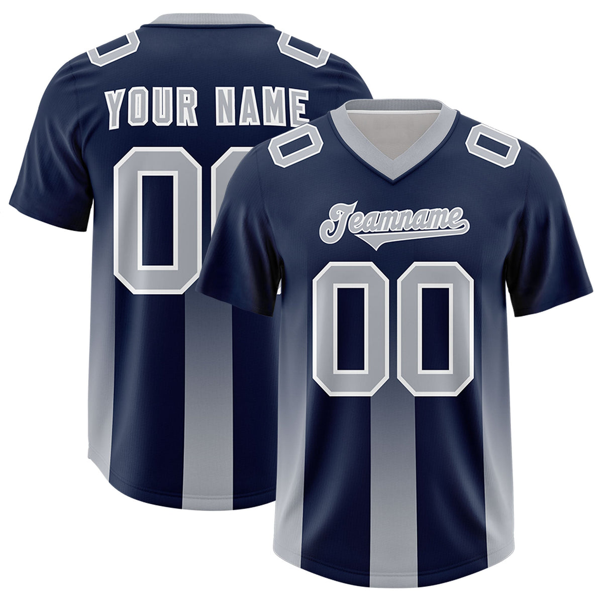 Custom Navy Gray Vertical Width Stripe Gradient Fashion Personalized Team American Football Jersey