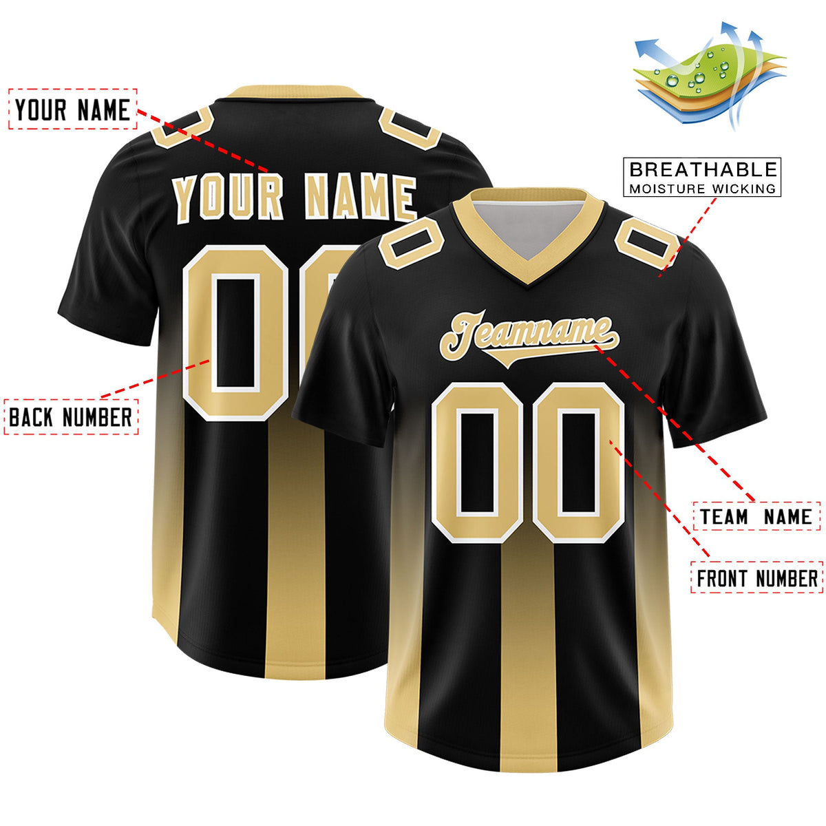 Custom Black Khaki Vertical Width Stripe Gradient Fashion Personalized Team American Football Jersey