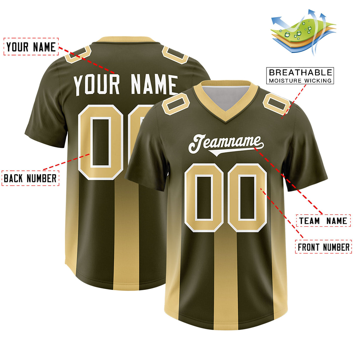 Custom Olive Khaki Vertical Width Stripe Gradient Fashion Personalized Team American Football Jersey