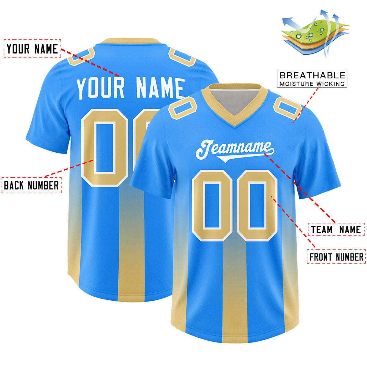 Custom Light Blue Khaki Vertical Width Stripe Gradient Fashion Personalized Team American Football Jersey