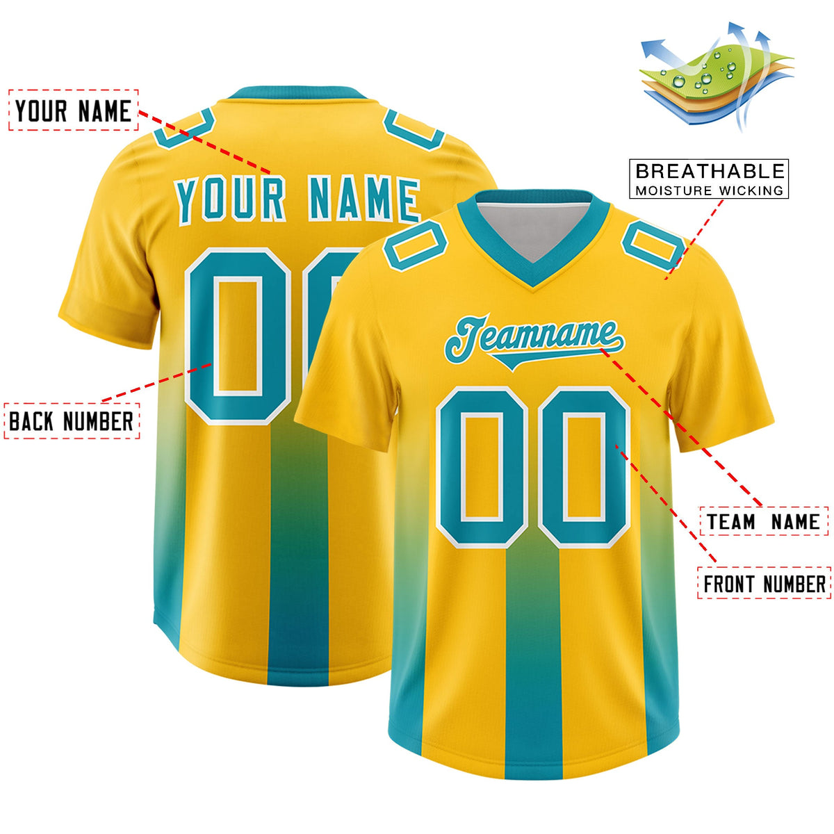 Custom Yellow Aqua Vertical Width Stripe Gradient Fashion Personalized Team American Football Jersey