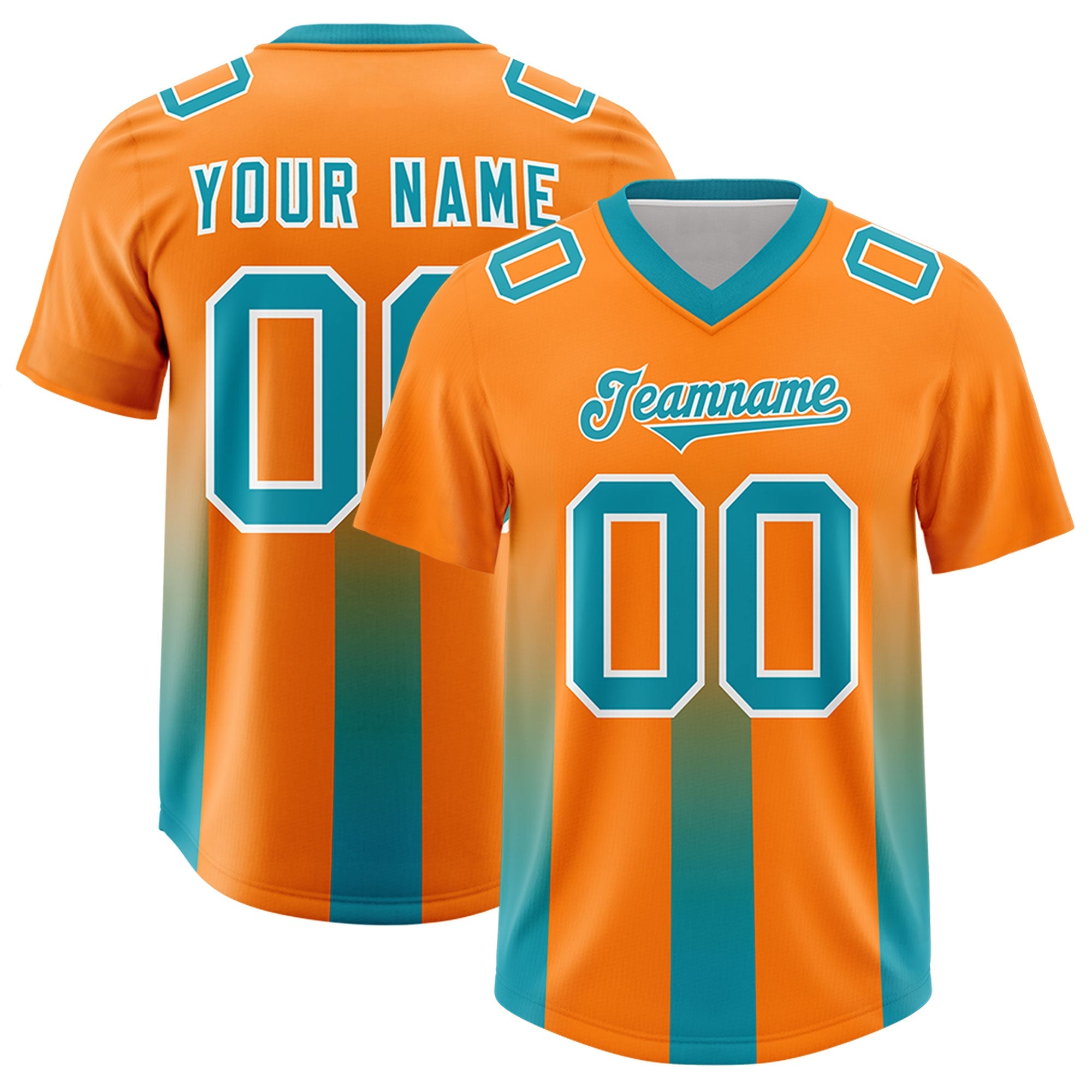 Custom Orange Aqua Vertical Width Stripe Gradient Fashion Personalized Team American Football Jersey
