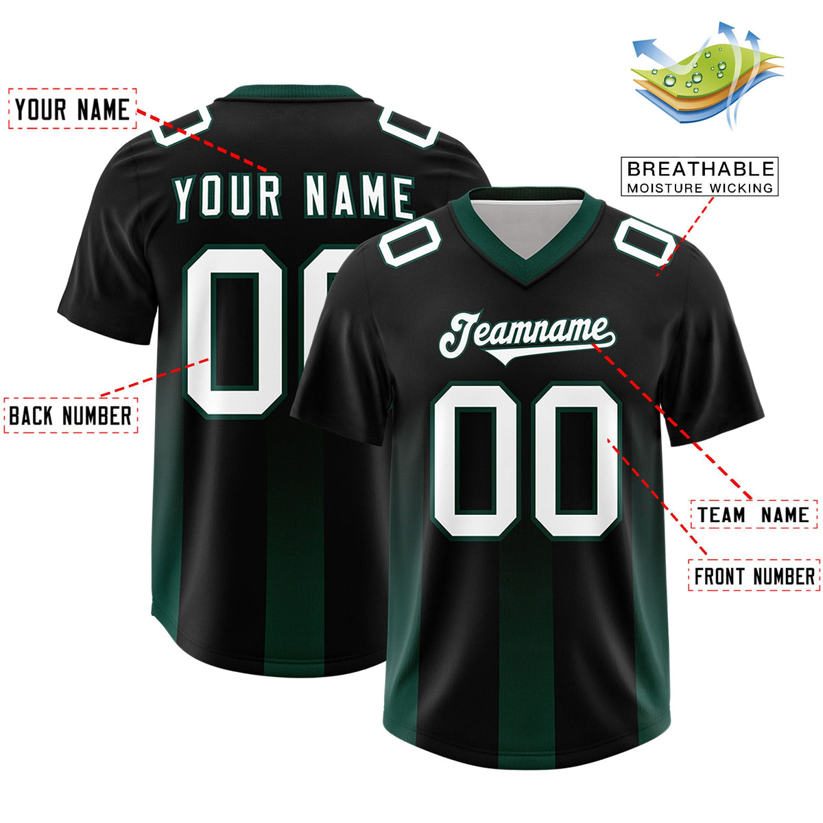 Custom Black Midnight Green Vertical Width Stripe Gradient Fashion Personalized Team American Football Jersey