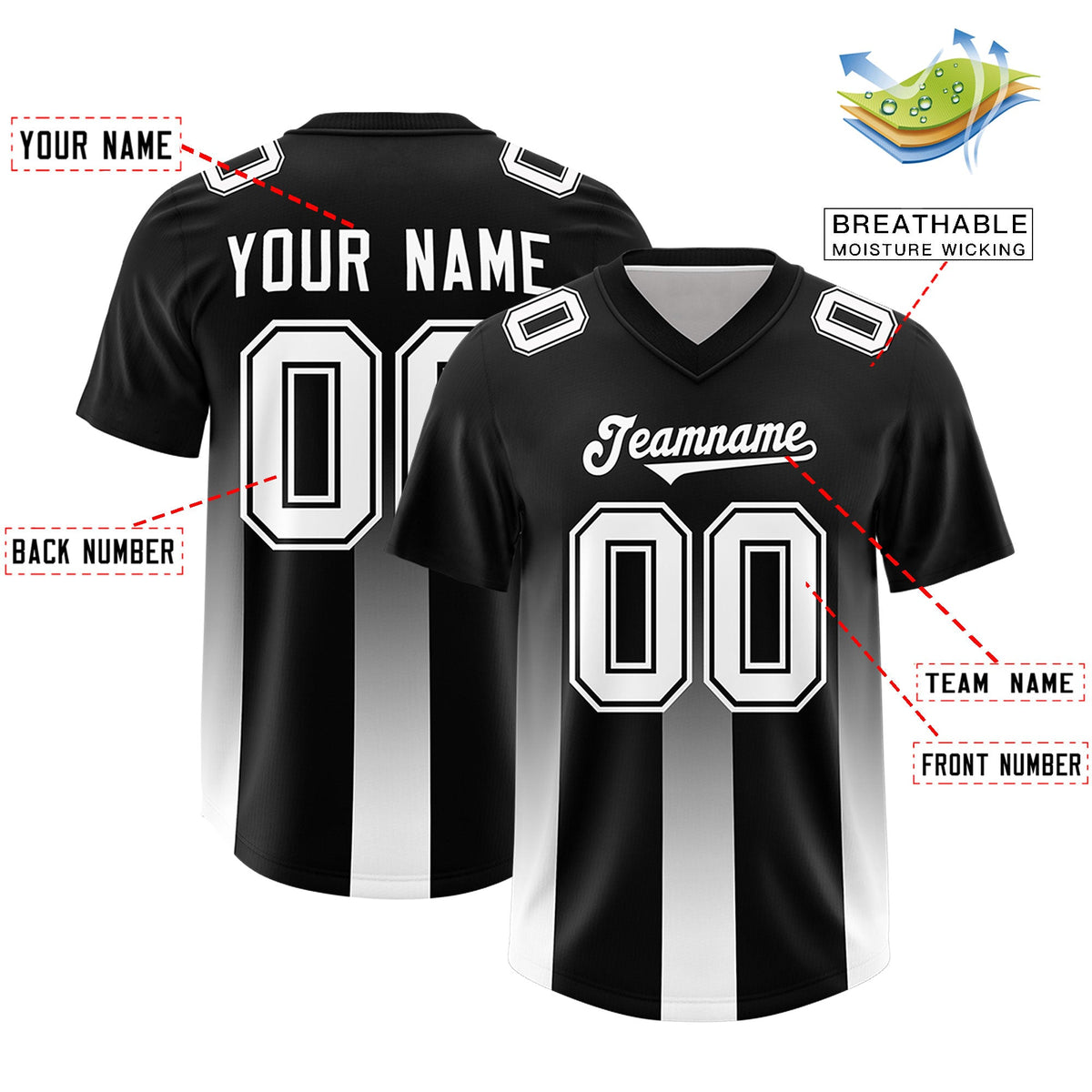 Custom Black White Vertical Width Stripe Gradient Fashion Personalized Team American Football Jersey
