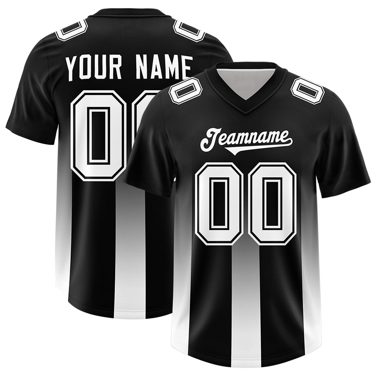 Custom Black White Vertical Width Stripe Gradient Fashion Personalized Team American Football Jersey