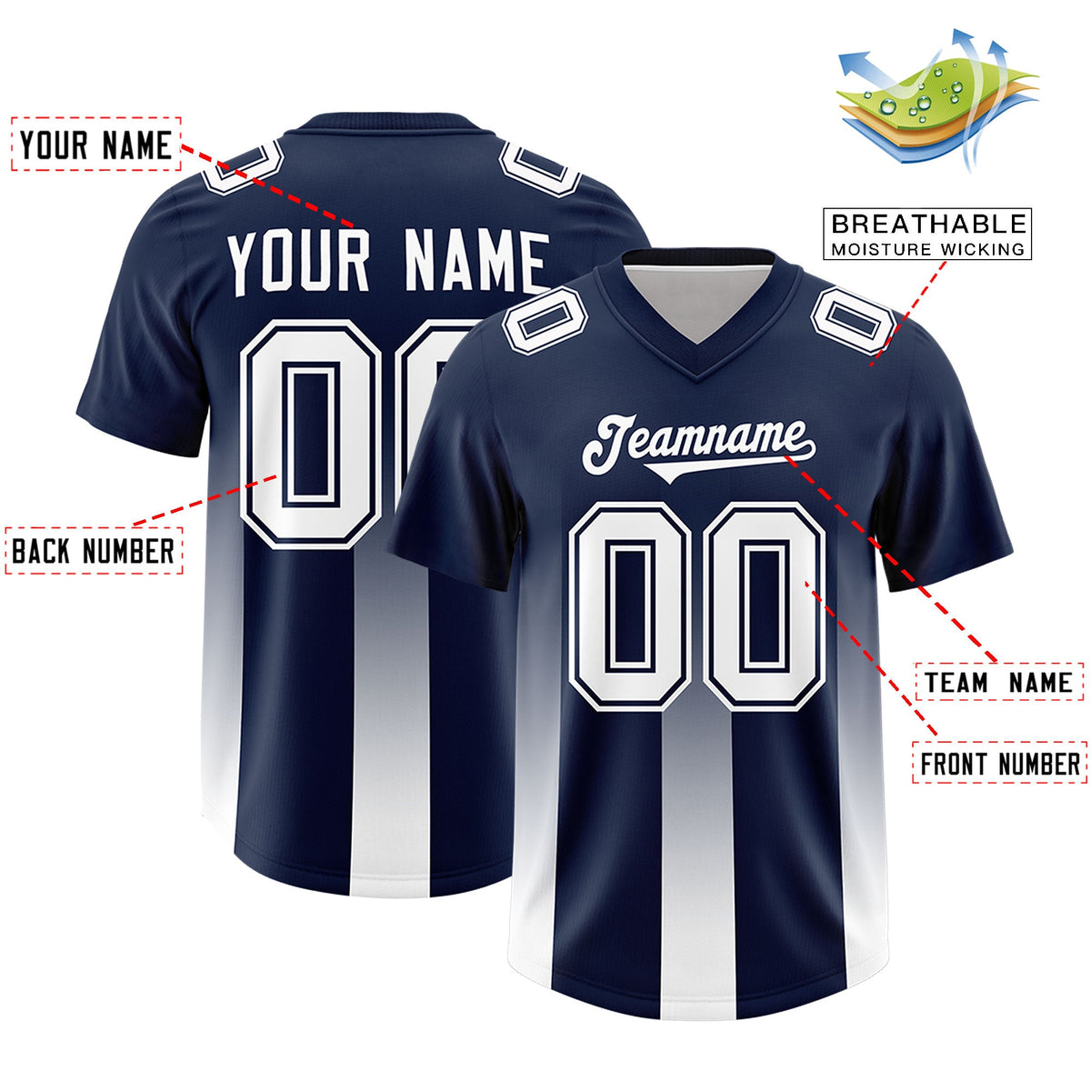 Custom Navy White Vertical Width Stripe Gradient Fashion Personalized Team American Football Jersey