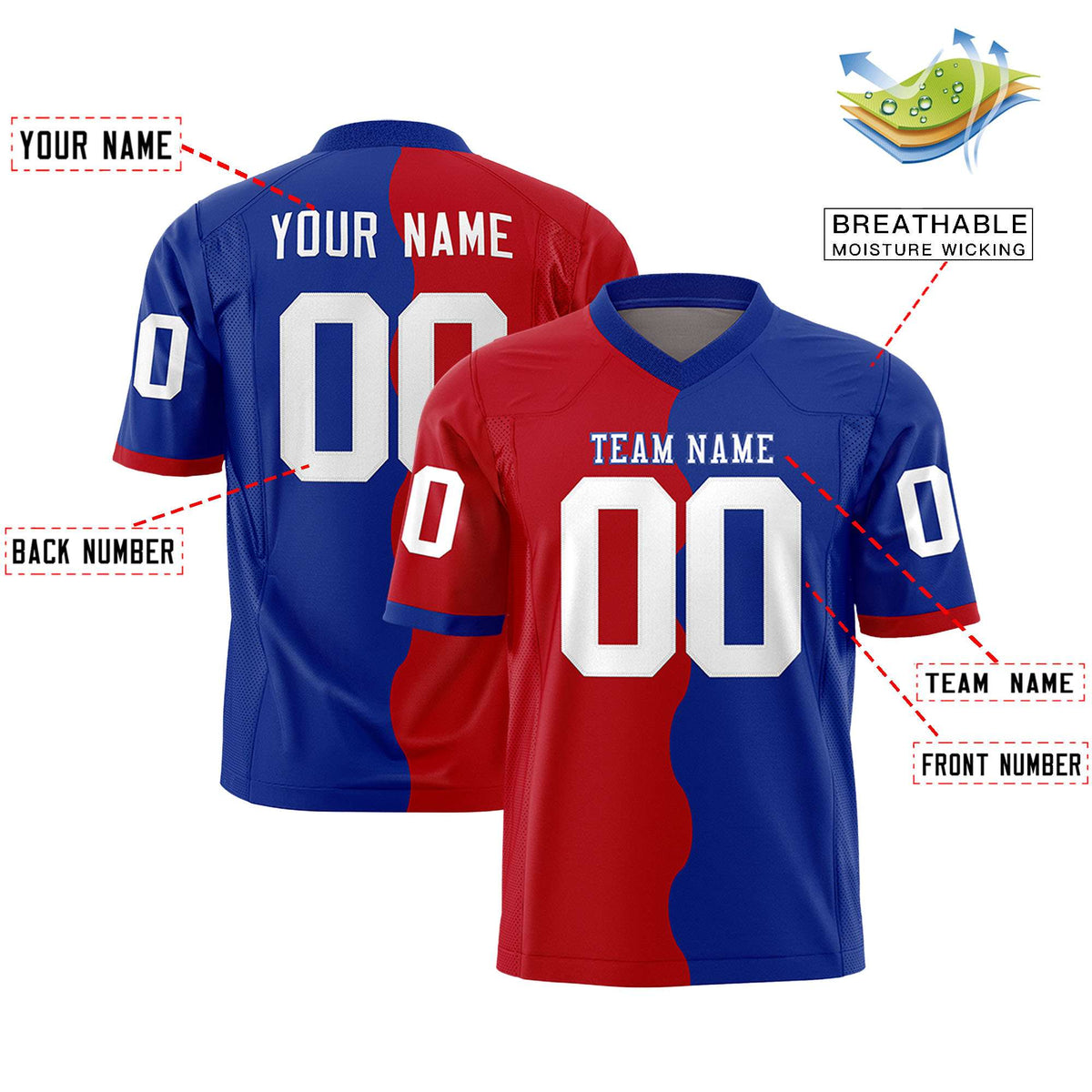 Custom Royal Red Split Fashion Mesh Authentic American Football Jersey