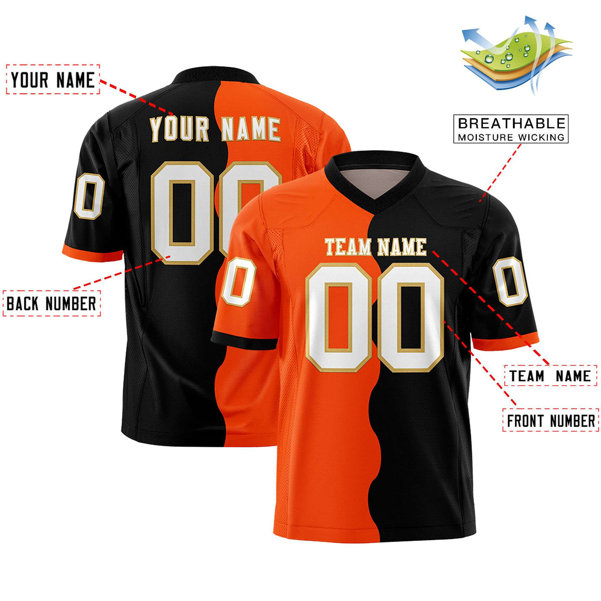 Custom Black Orange Split Fashion Mesh Authentic American Football Jersey
