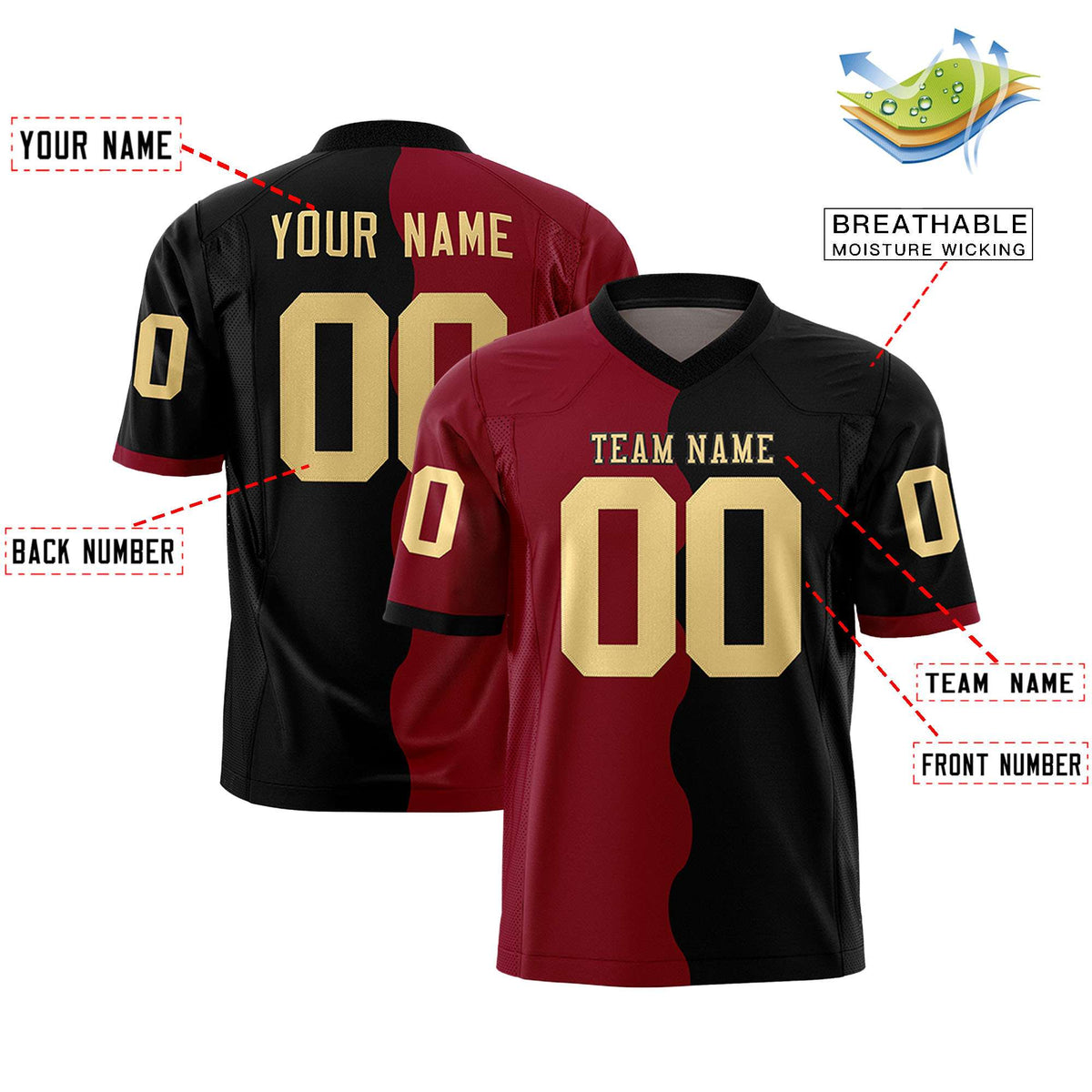Custom Black Crimson Split Fashion Mesh Authentic American Football Jersey