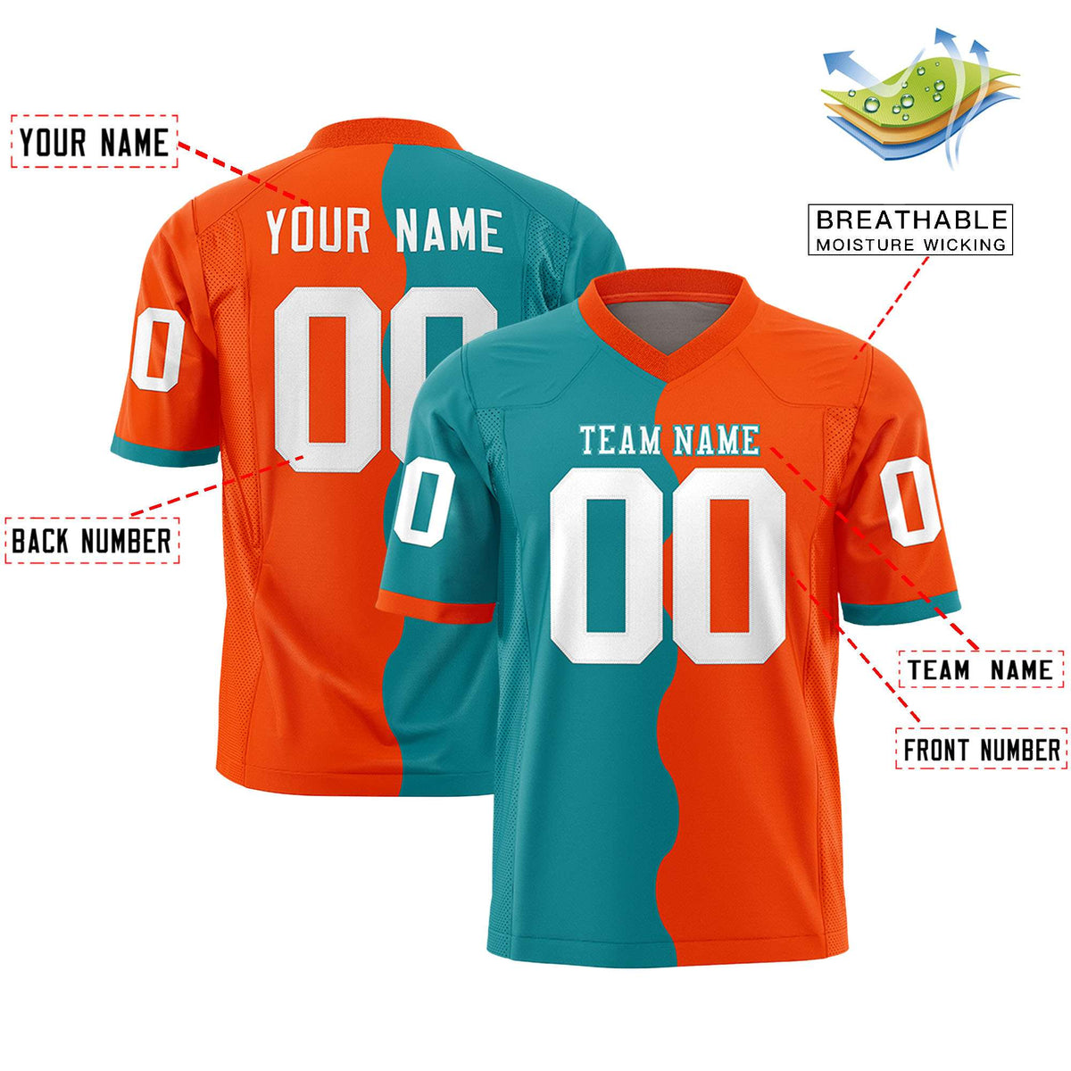 Custom Orange Aqua Split Fashion Mesh Authentic American Football Jersey