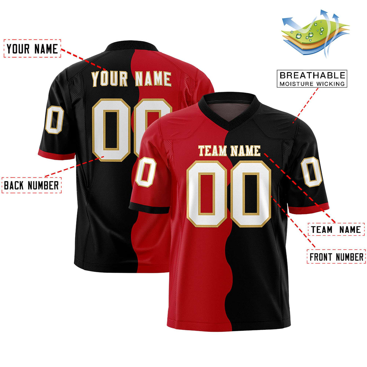 Custom Black Red Split Fashion Mesh Authentic American Football Jersey