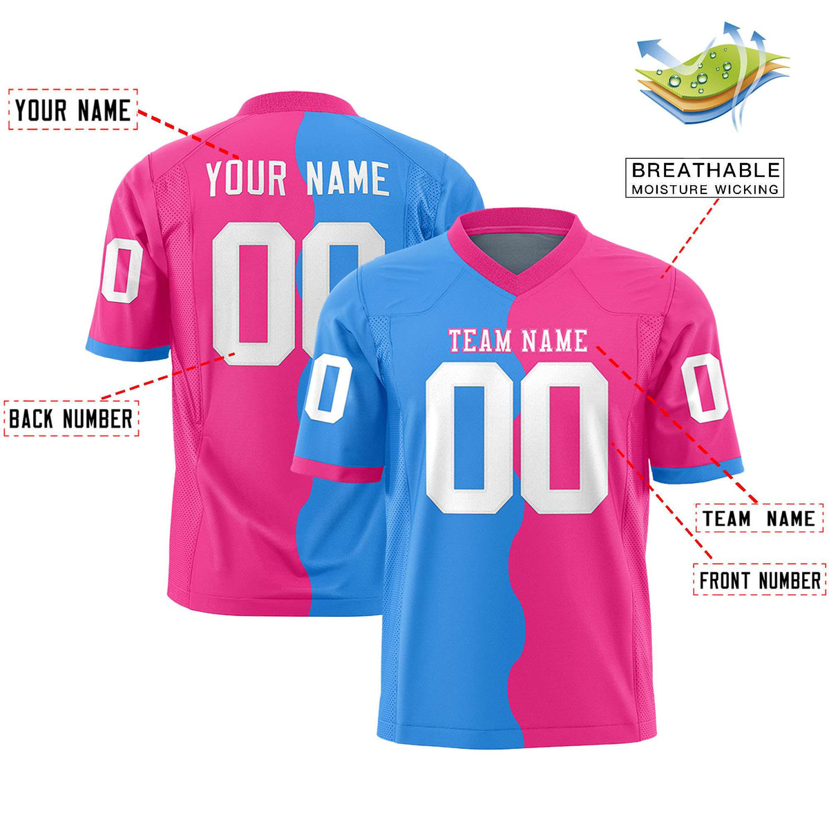 Custom Pink Powder Blue Split Fashion Mesh Authentic American Football Jersey