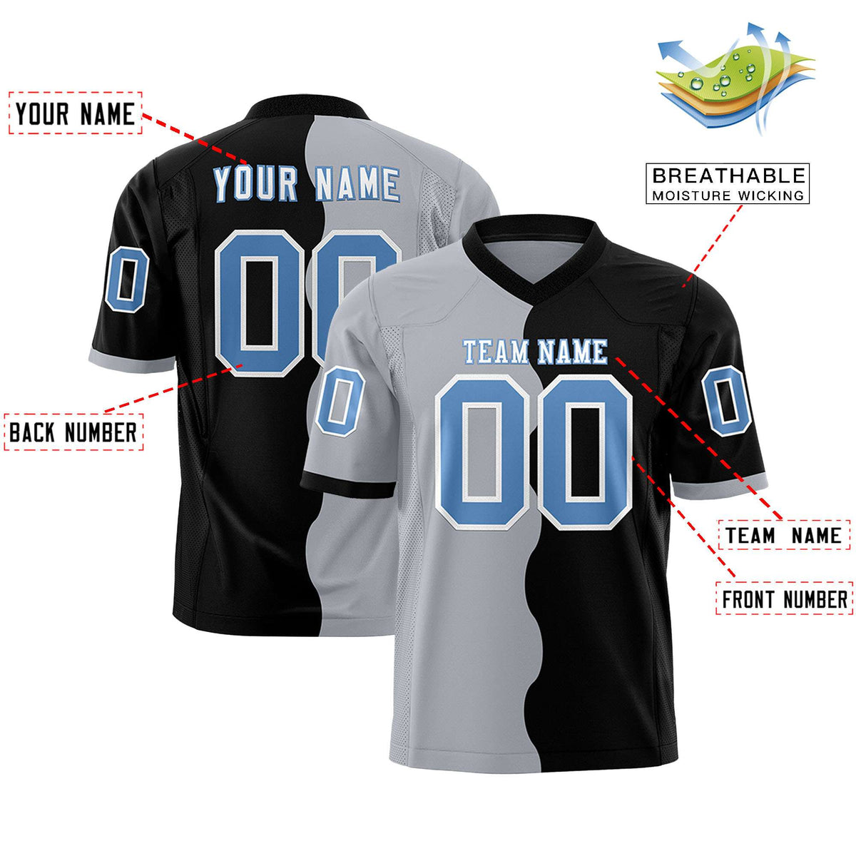 Custom Black Gray Split Fashion Mesh Authentic American Football Jersey