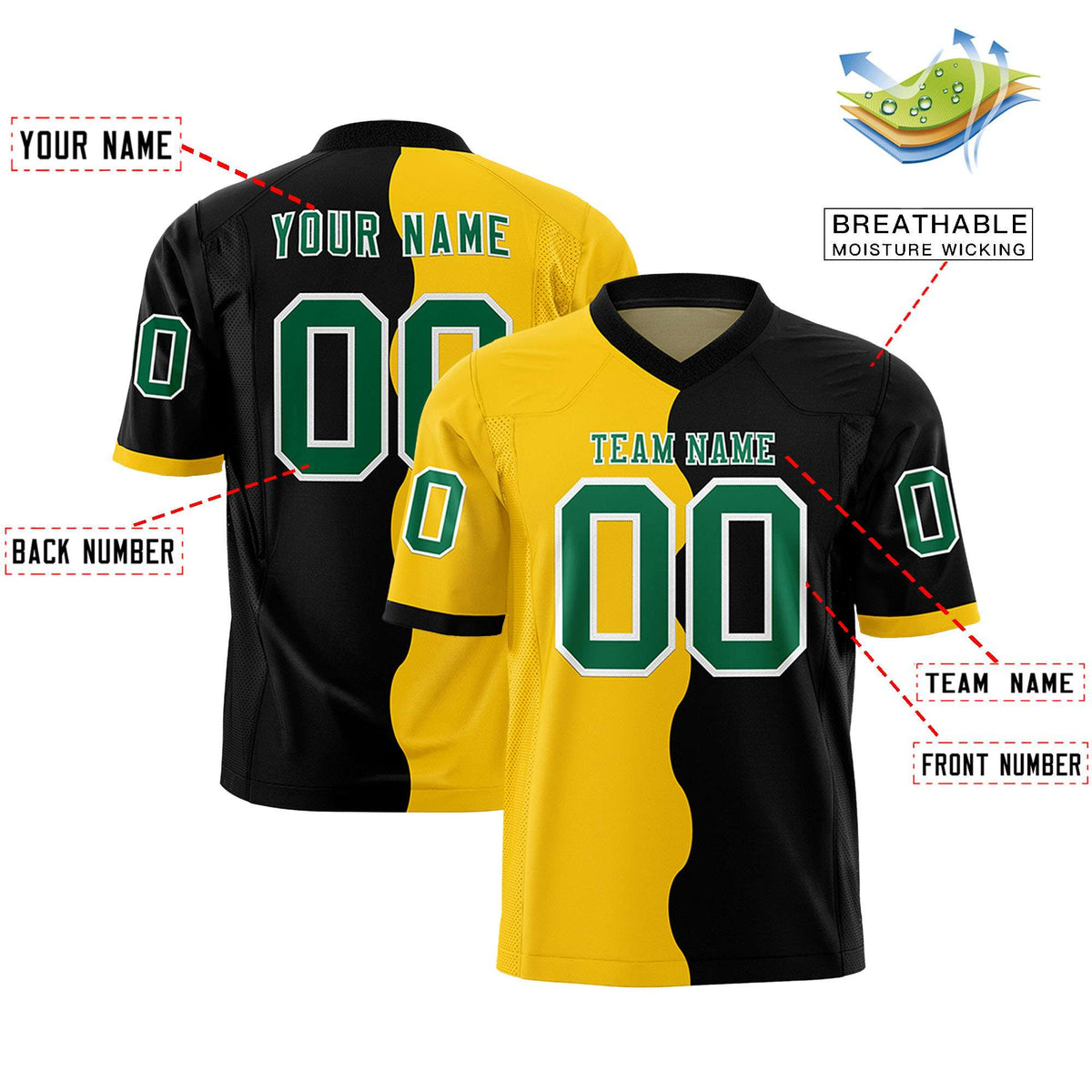 Custom Black Gold Split Fashion Mesh Authentic American Football Jersey