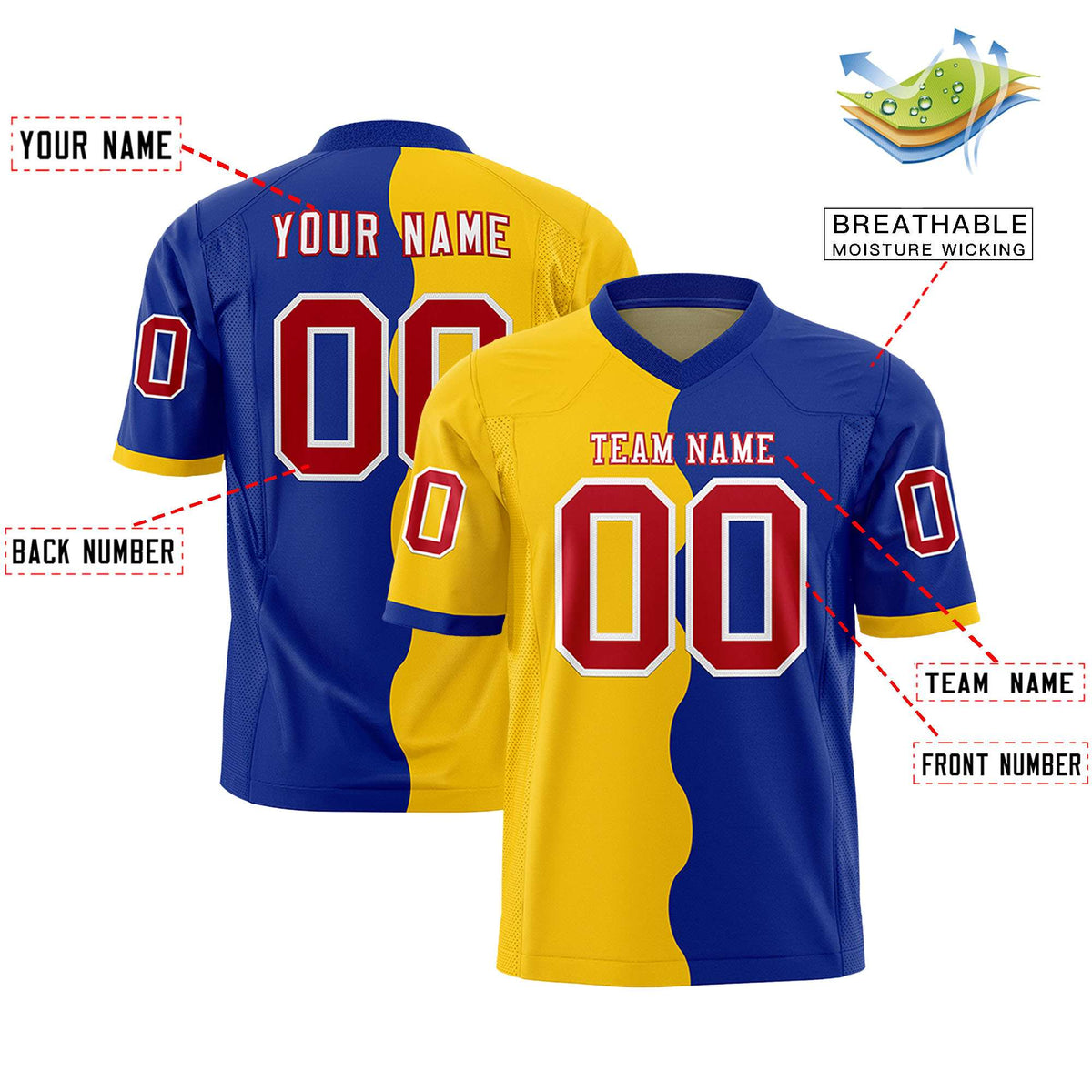 Custom Royal Gold Split Fashion Mesh Authentic American Football Jersey