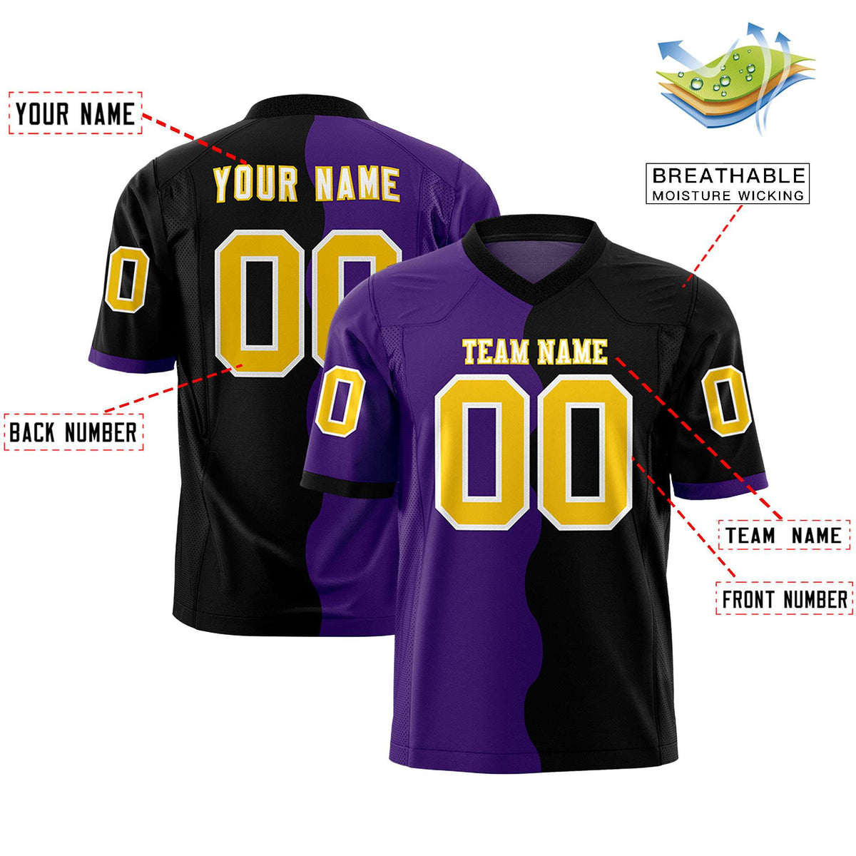Custom Black Purple Split Fashion Mesh Authentic American Football Jersey