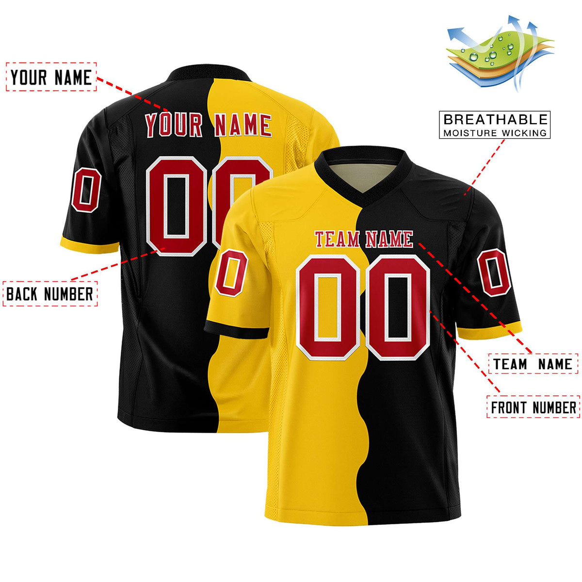 Custom Black Gold Split Fashion Mesh Authentic American Football Jersey