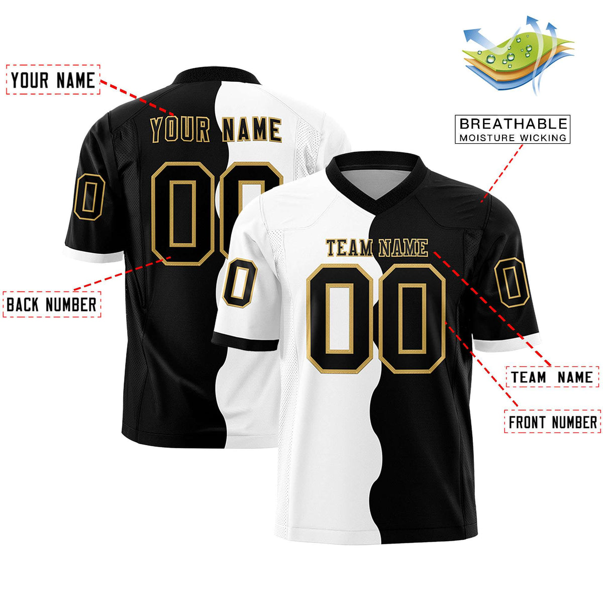 Custom Black White Split Fashion Mesh Authentic American Football Jersey