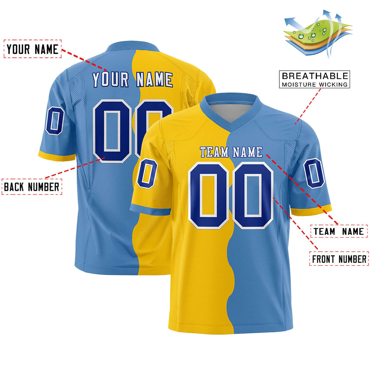 Custom Light Blue Gold Split Fashion Mesh Authentic American Football Jersey