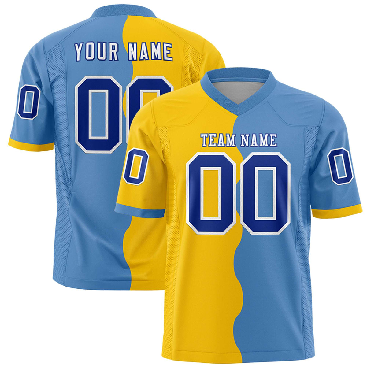 Custom Light Blue Gold Split Fashion Mesh Authentic American Football Jersey