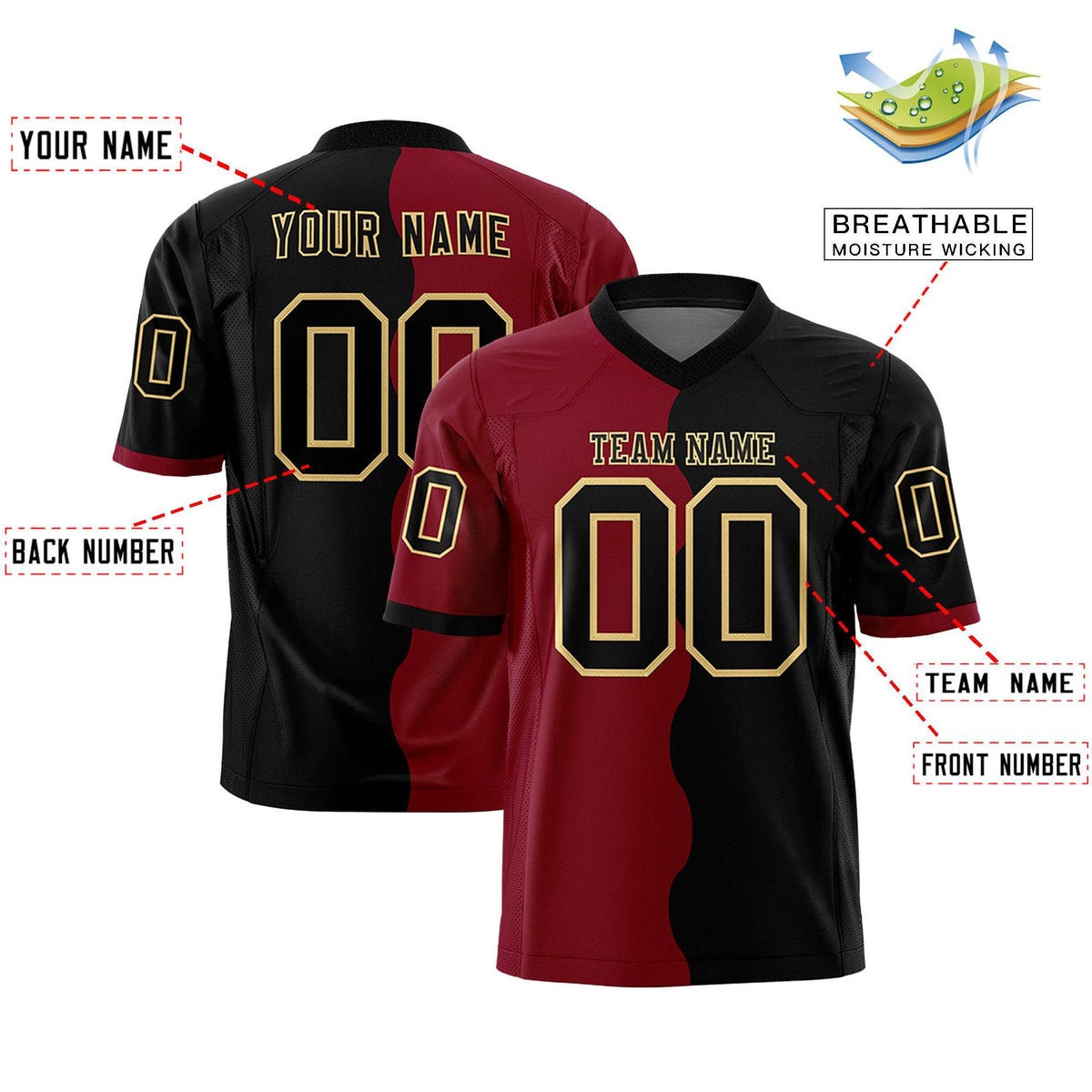 Custom Black Crimson Split Fashion Mesh Authentic American Football Jersey