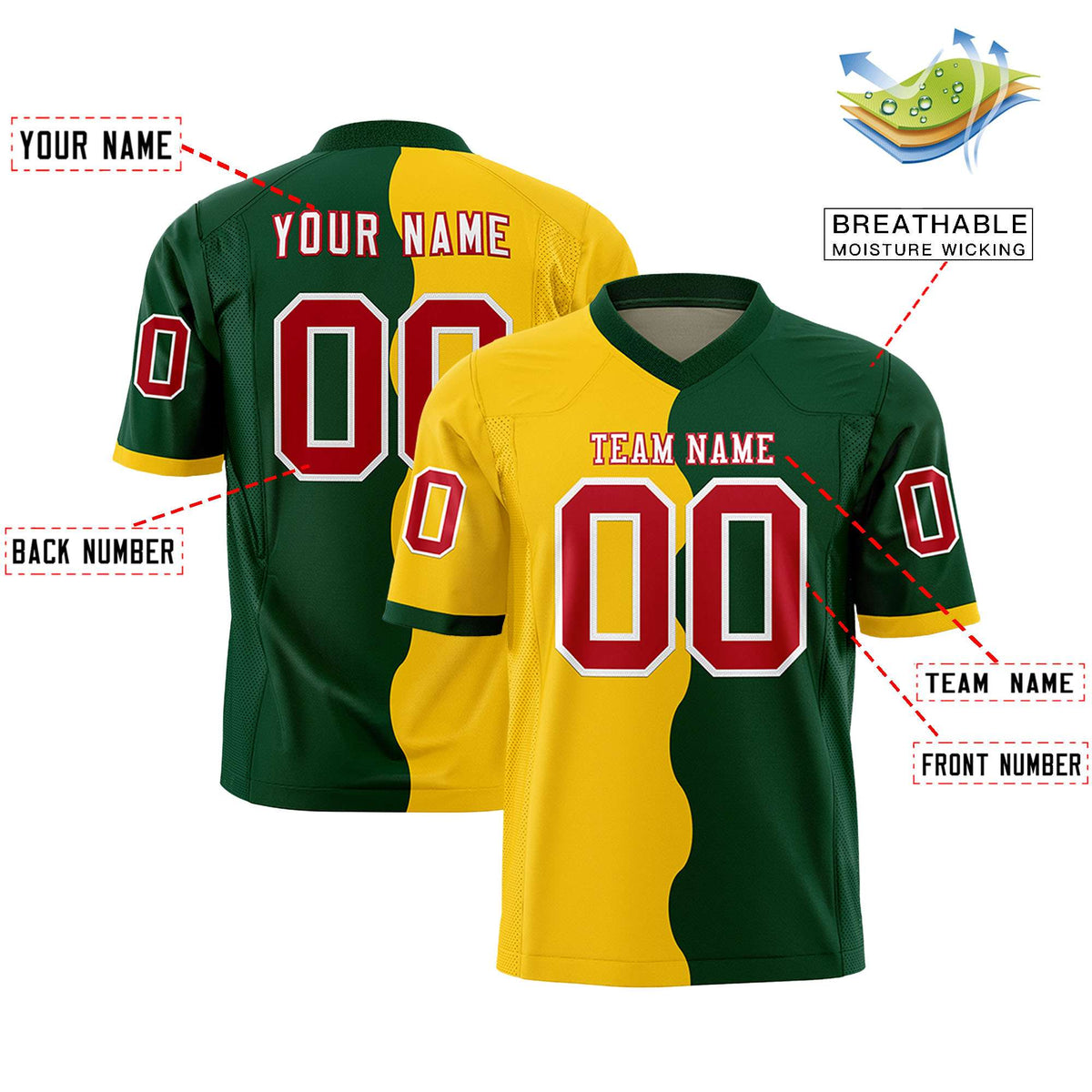 Custom Green Gold Split Fashion Mesh Authentic American Football Jersey