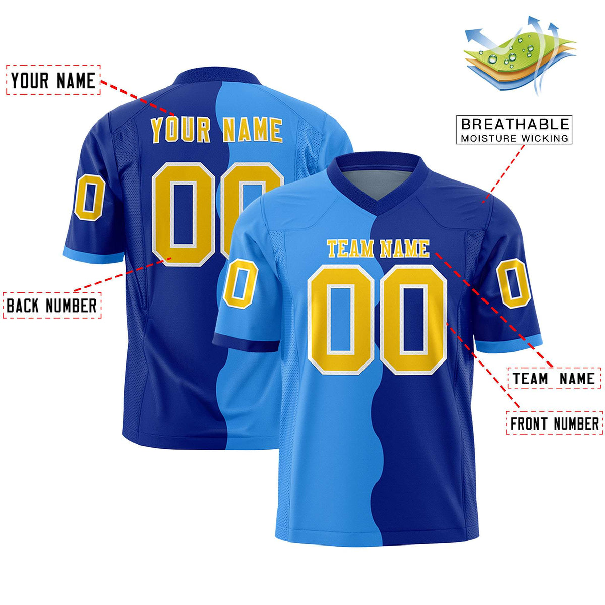 Custom Royal Powder Blue Split Fashion Mesh Authentic American Football Jersey